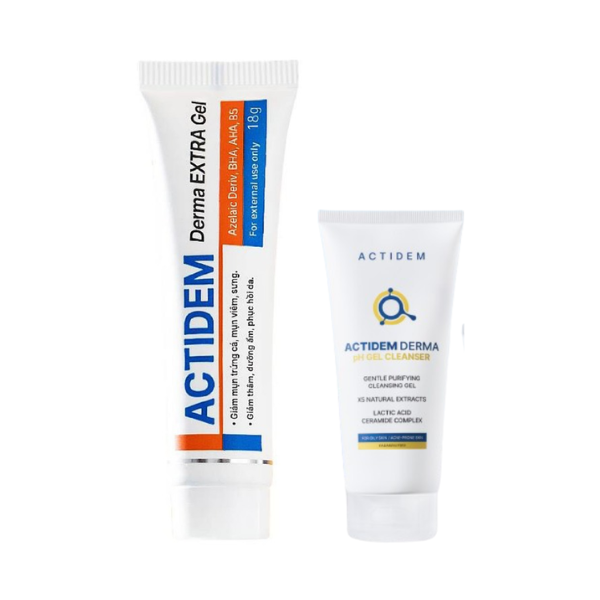 Set Gel Giảm Mụn, Thâm Actidem Derma Gel 18g + Gel Rửa Mặt Actidem Derma pH Gel Cleanser 30mL