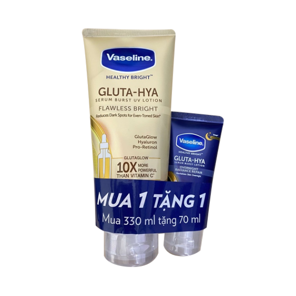 [1 TẶNG 1] - Dưỡng Thể Vaseline Healthy Bright Gluta-hya Serum Burst UV Lotion Flawless Bright 330mL + Dưỡng Thể Vaseline Overnight Radiance Repair 70mL