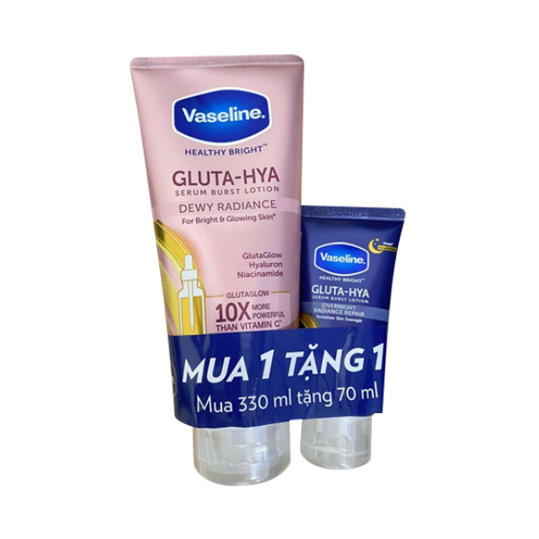 [1 TẶNG 1] - Dưỡng Thể Vaseline Healthy Bright Gluta-hya Serum Burst Lotion Dewy Radiance 330mL + Dưỡng Thể Vaseline Overnight Radiance Repair 70mL