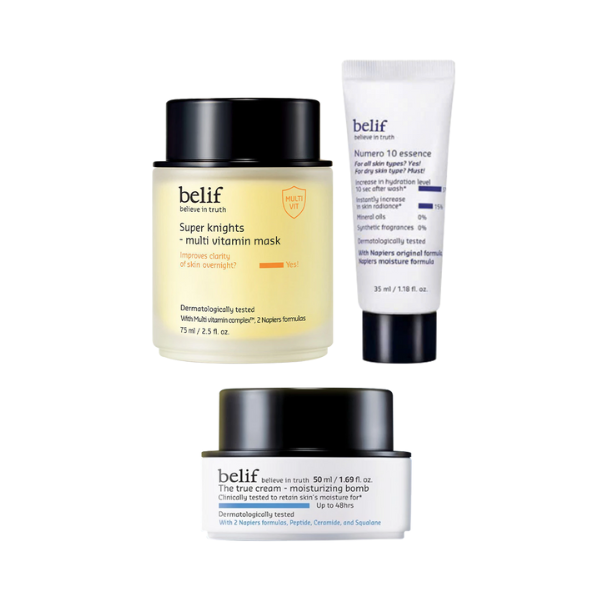 Set 3 Món Mặt Nạ Ngủ Belif Super Knights Multi Vitamin Mask 75mL + Kem Dưỡng Belif The True Cream - Aqua Bomb 10mL + Tinh Chất Belif Numero 10 Essence 35mL