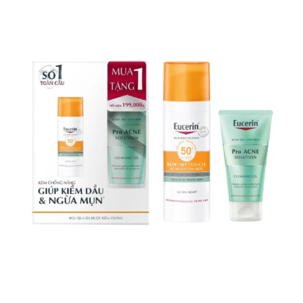 [1 TẶNG 1] - Kem Chống Nắng Sun Dry Touch Acne Oil Control SPF50+ 50mL + Gel Rửa Mặt Eucerin Pro ACNE Solution Cleansing Gel 75mL