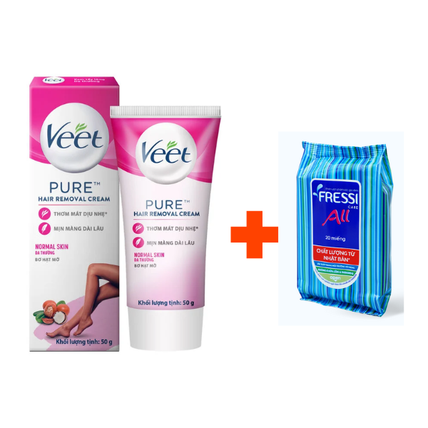 [1 Tặng 1] - Kem Tẩy Lông Veet Pure Hair Removal Cream 50g Tặng Kèm Khăn Ướt - Normal Skin (Da Thường)