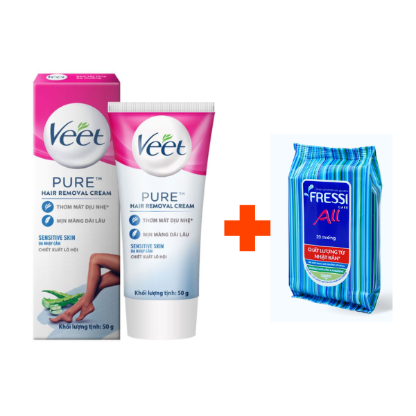 [1 Tặng 1] - Kem Tẩy Lông Veet Pure Hair Removal Cream 50g Tặng Kèm Khăn Ướt - Sensitive Skin