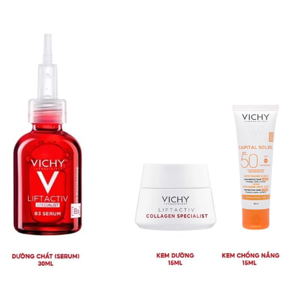 Bộ Sản Phẩm Vichy Mờ Nám, Giảm Thâm, Sáng Da Serum Liftactiv B3 30mL + Kem Dưỡng Ẩm Collagen 15mL + Gel Chống Nắng 15mL
