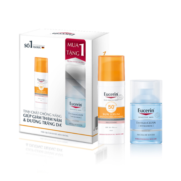 [1 TẶNG 1] - Kem Chống Nắng Eucerin Sun Serum Spotless Whitening SPF50+ PA++++ 50mL + Tẩy Trang Eucerin Dermato Clean 100mL